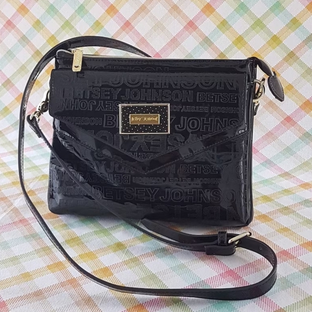 Betsy Johnson Purse, Signature Faux Leather Black Purse, Removable Strap